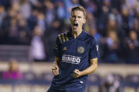 Philadelphia Union's Jack Elliott celebrates his goal during the shootout of an MLS playoff soccer match against Nashville SC, Sunday, Nov. 28, 2021, in Chester, Pa. (AP Photo/Chris Szagola)