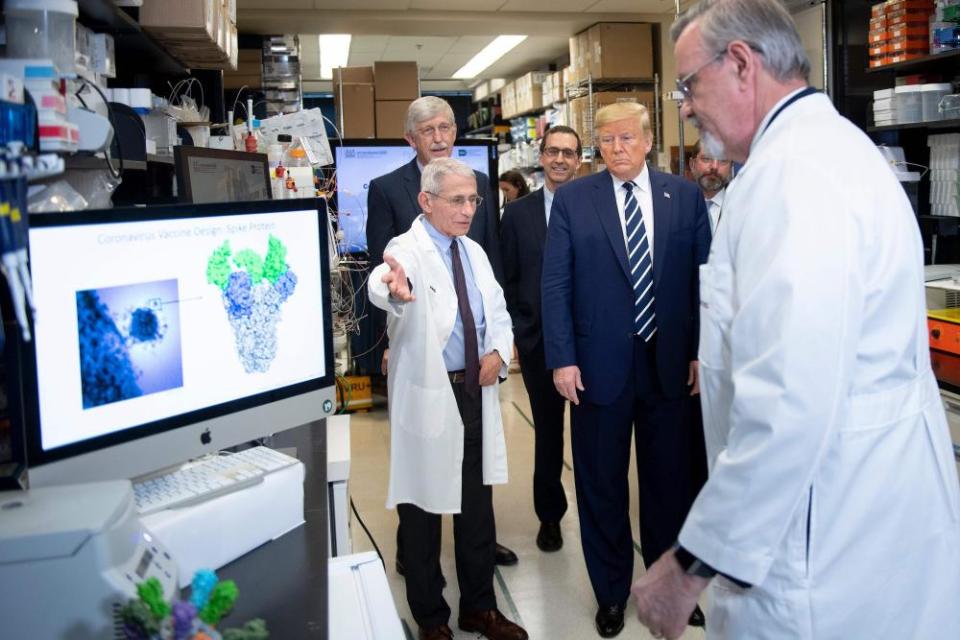 Donald Trump at the National Institutes of Health’s Vaccine Research Center in Maryland, 3 March. The president sowed confusion by pressing for a vaccine to be ready by the US elections.