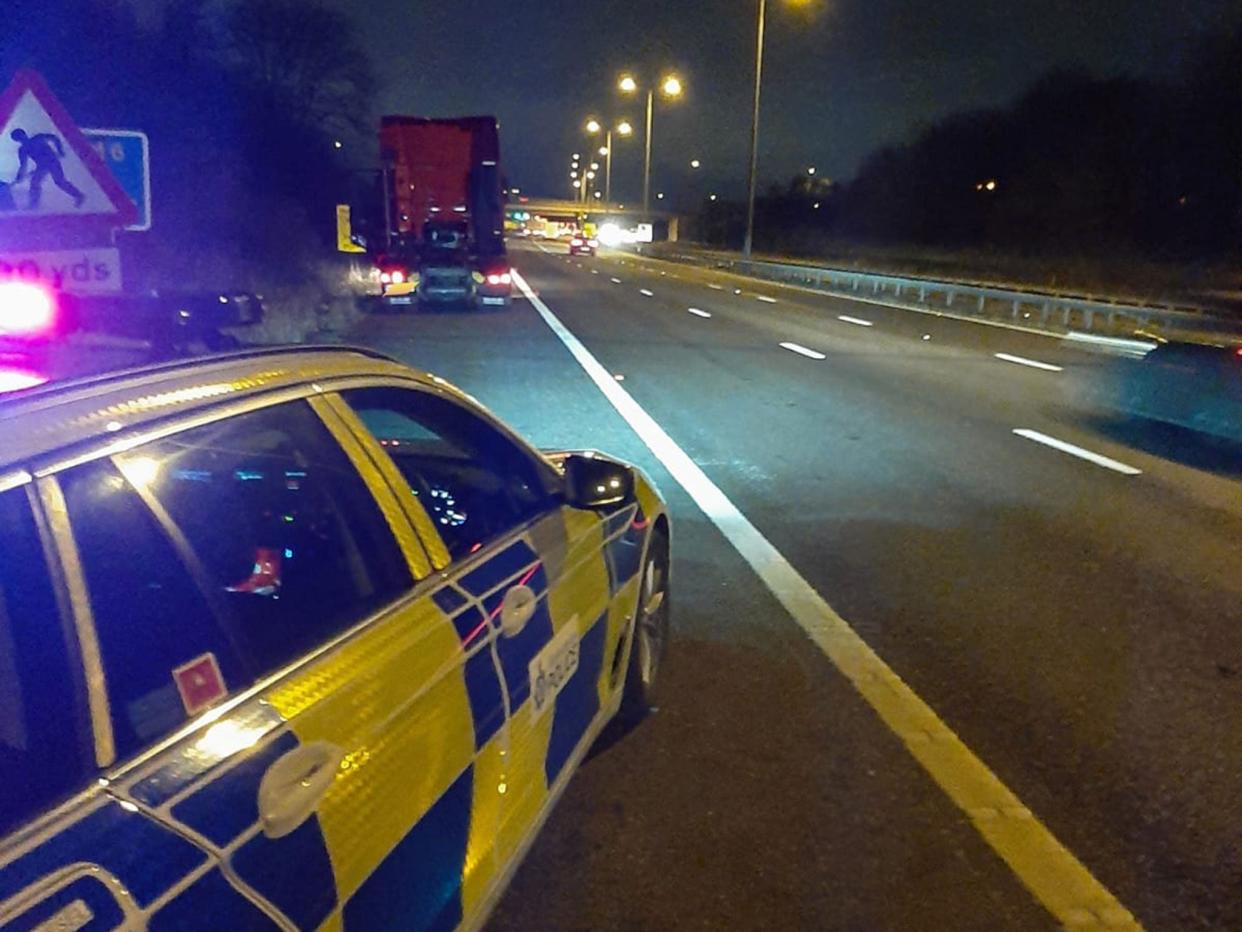 The man had fallen out of the cab of his lorry (pictured) on the M6 near Coventry: Warwickshire Police/Facebook