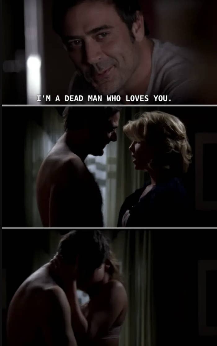 Three stills of Jeffrey Dean Morgan and Katherine Heigl in an intimate scene. Text on the first still reads: "I'm a dead man who loves you."