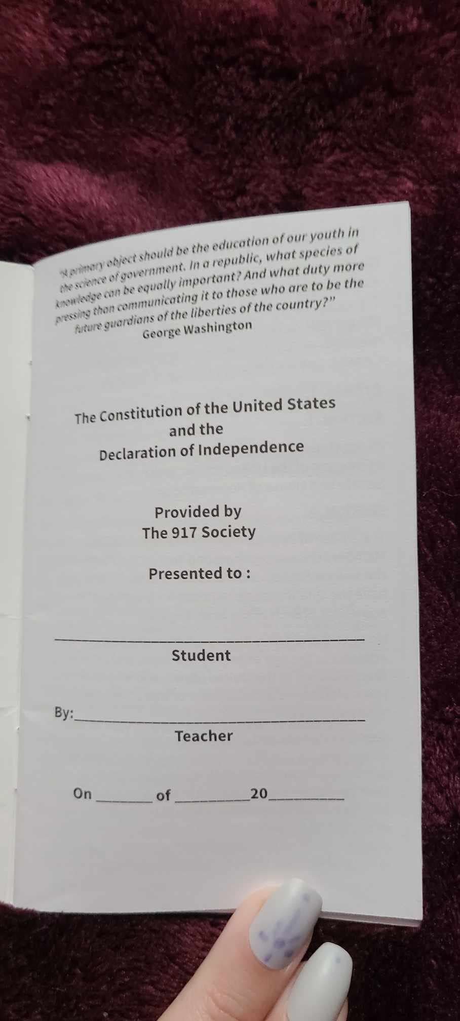 A pocket Constitution from the 917 Society that was delivered to a Brevard middle school.