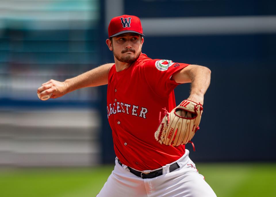 Garrett Whitlock gets ready to fire a pitch during his rehab start with the WooSox at Polar Park last season.