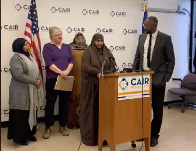 Halimo Sisse, mother of one of the victims, speaks at a press conference Wednesday during which the Minnesota chapter of the Council on American-Islamic Relations announced the settlement. (Photo: Facebook / CAIR)