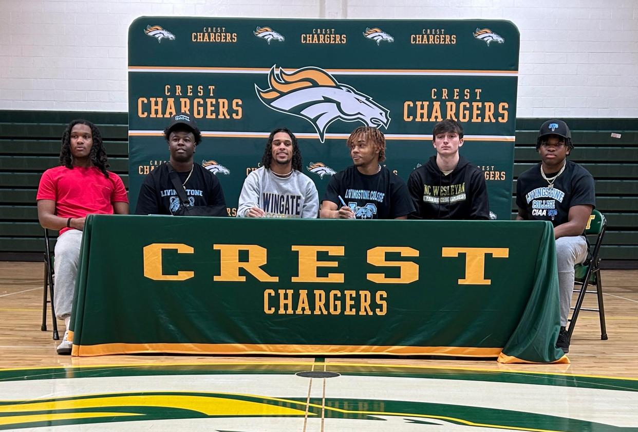 Crest football products Cam Anderson (Catawba), Zyreion Jamison (Livingstone), Malachi Addison (Wingate), Ny'Tavious Huskey (Livingstone), Finn Allen (Wesleyan) and Dezmun Porter sign their National Letter of Intent on National Signing Day on Feb. 7, 2024.