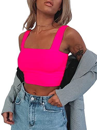 Abardsion Women's Sexy Sleeveless Skinny Basic Strappy Crop Tank Tops (Neon Pink, M)