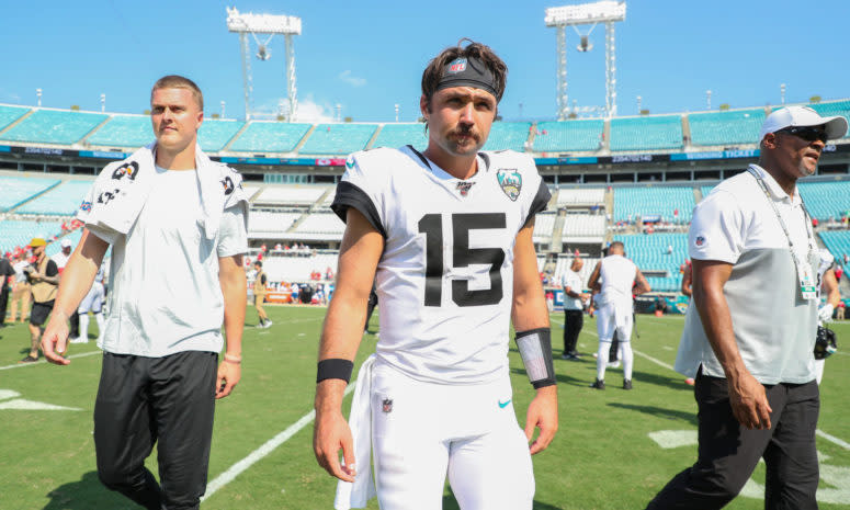 Jacksonville Jaguars quarterback Gardner Minshew walks off the field.