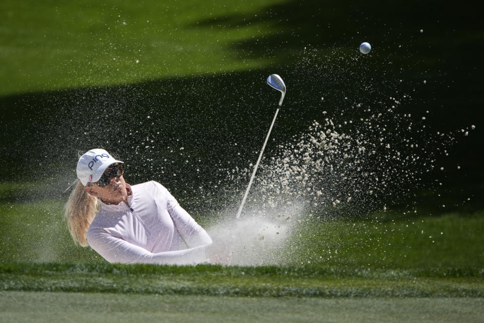 Pernilla Lindberg hits from a bunker at the ninth green during the second round of the LPGA T-Mobile Match Play golf tournament Thursday, April 4, 2024, in North Las Vegas, Nev. (AP Photo/John Locher)