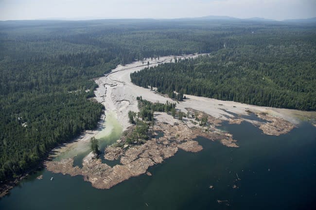 Contents from a tailings pond flow down Hazeltine Creek into Quesnel Lake near the town of Likely, B.C.