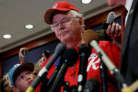 <p>Jack Barton (L), the young son of Rep. Joe Barton (R), manager of the Republican Congressional Baseball team, listens as his father speaks about the shooting that they were both present for in Alexandria, Virginia while addressing the media on Capitol Hill in Washington, June 14, 2017. (Photo: Aaron P. Bernstein/Reuters) </p>