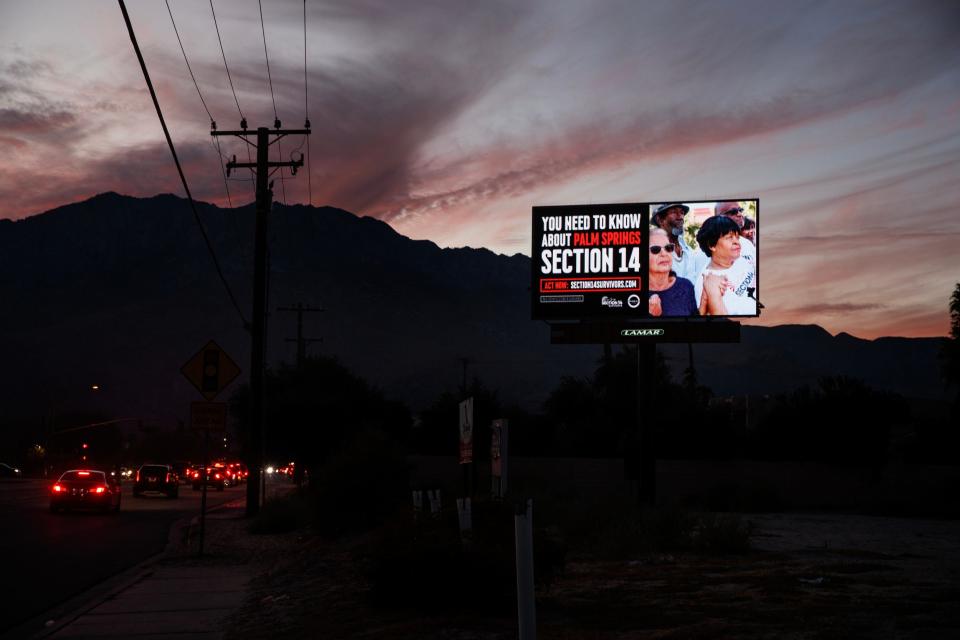 A billboard from the group Section 14 Survivors is visible on Ramon Road west of Lawrence Crossley Road in Palm Springs, as seen Dec. 11, 2023.