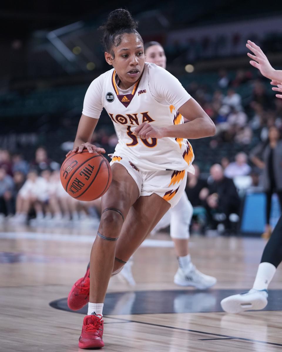 Iona's Ketsia Athias (30) recorded the first triple-double in program history during the Gaels' win over Manhattan in the MAAC Tournament finals in Boardwalk Hall in Atlantic City on Saturday, March 11, 2023.