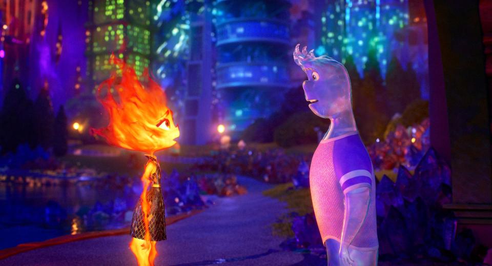 FIRE AND WATER – Set in a city where fire-, water-, land-, and air-residents live together, Disney and Pixar’s “Elemental” introduces Ember, a tough, quick-witted and fiery young woman whose friendship with a fun, sappy, go-with-the-flow guy named Wade challenges her beliefs about the world they live in. Featuring the voices of Leah Lewis and Mamoudou Athie as Ember and Wade, respectively, “Elemental” releases on June 16, 2023. Photo credit: Disney/Pixar
