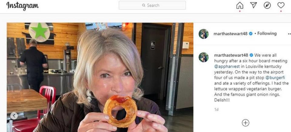 Martha Stewart apparently was in Lexington in March 2021 and stopped by BurgerFi near the University of Kentucky campus for a quick lunch.