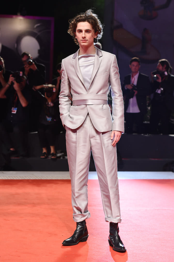 Not one to stick to his sartorial comfort zone, the actor demonstrated his know-how in a metallic Haider Ackermann suit paired with chunky boots. <em>[Photo: Getty]</em>