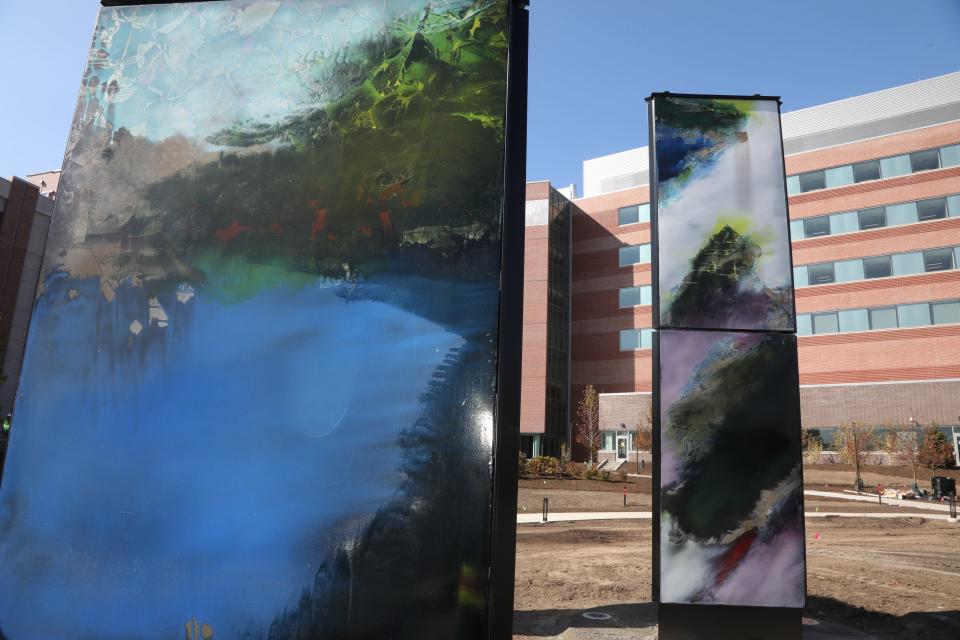 Paramus, NJ — October 19, 2023 -- Panels displayed in front of the new Valley Hospital that is scheduled to open in April. The mural’s the artwork of Stefan Knapp were once part of the former Alexanders Department Store, located in Paramus where the local mural was on display to motorists.