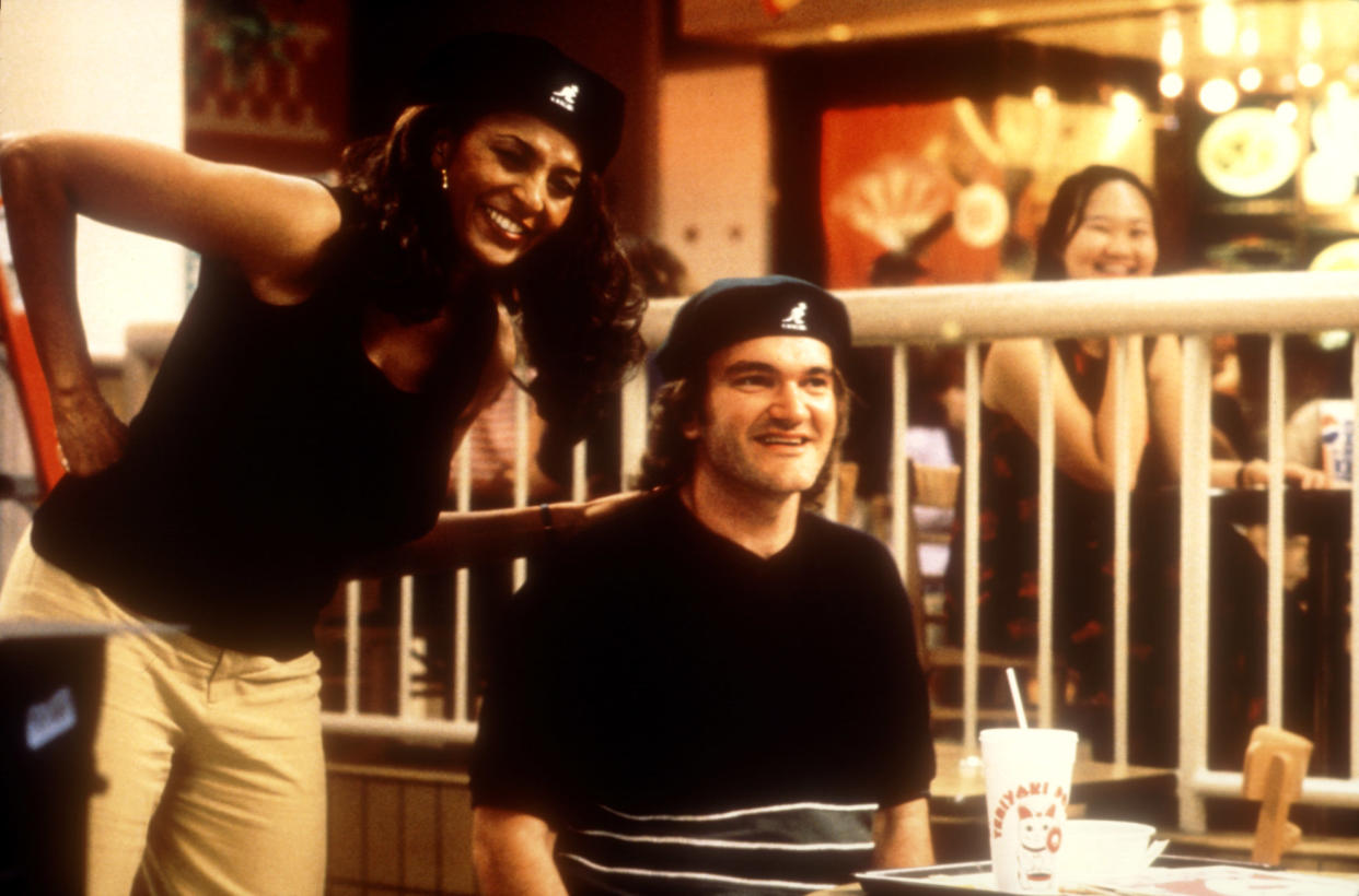 Pam Grier and Quentin Tarantino on the set of Jackie Brown. (Photo: Miramax/Courtesy Everett Collection)