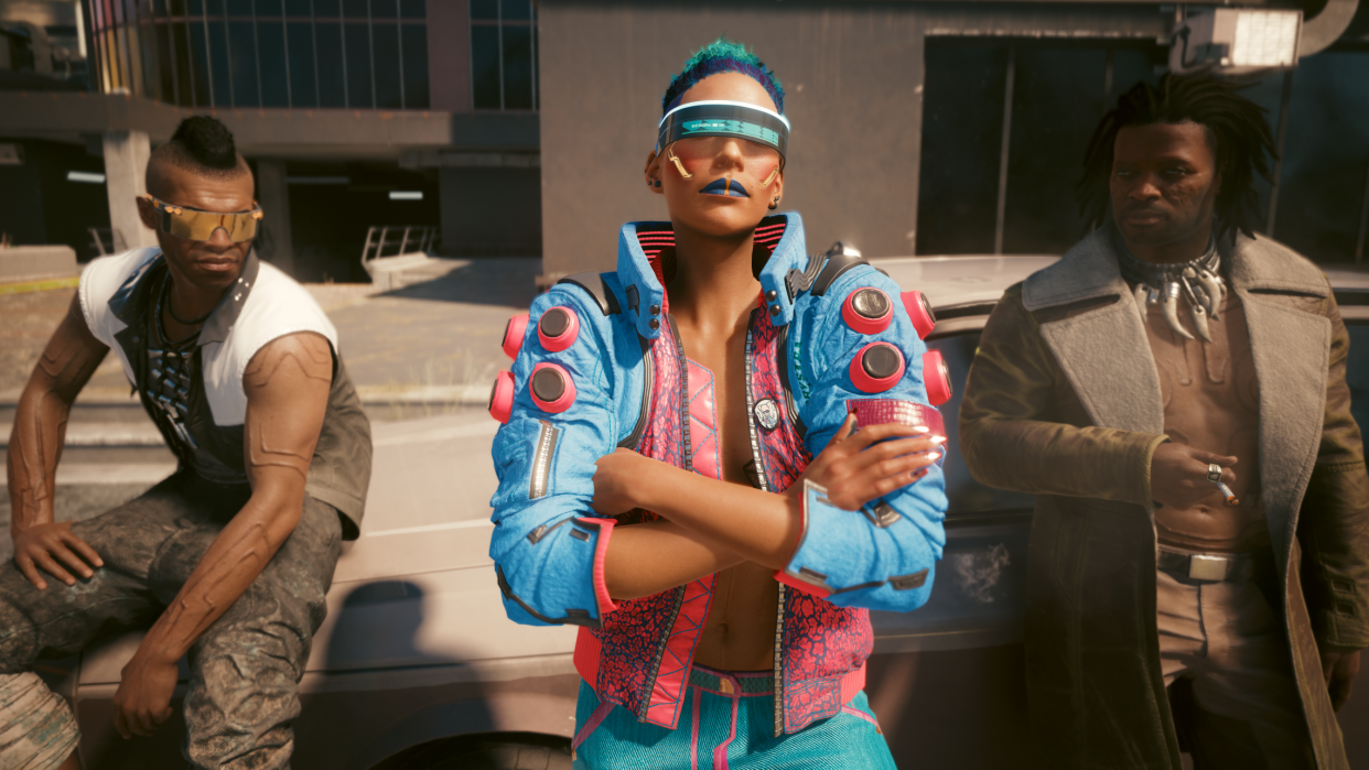  Cyberpunk 2077 character leaning against a car. 