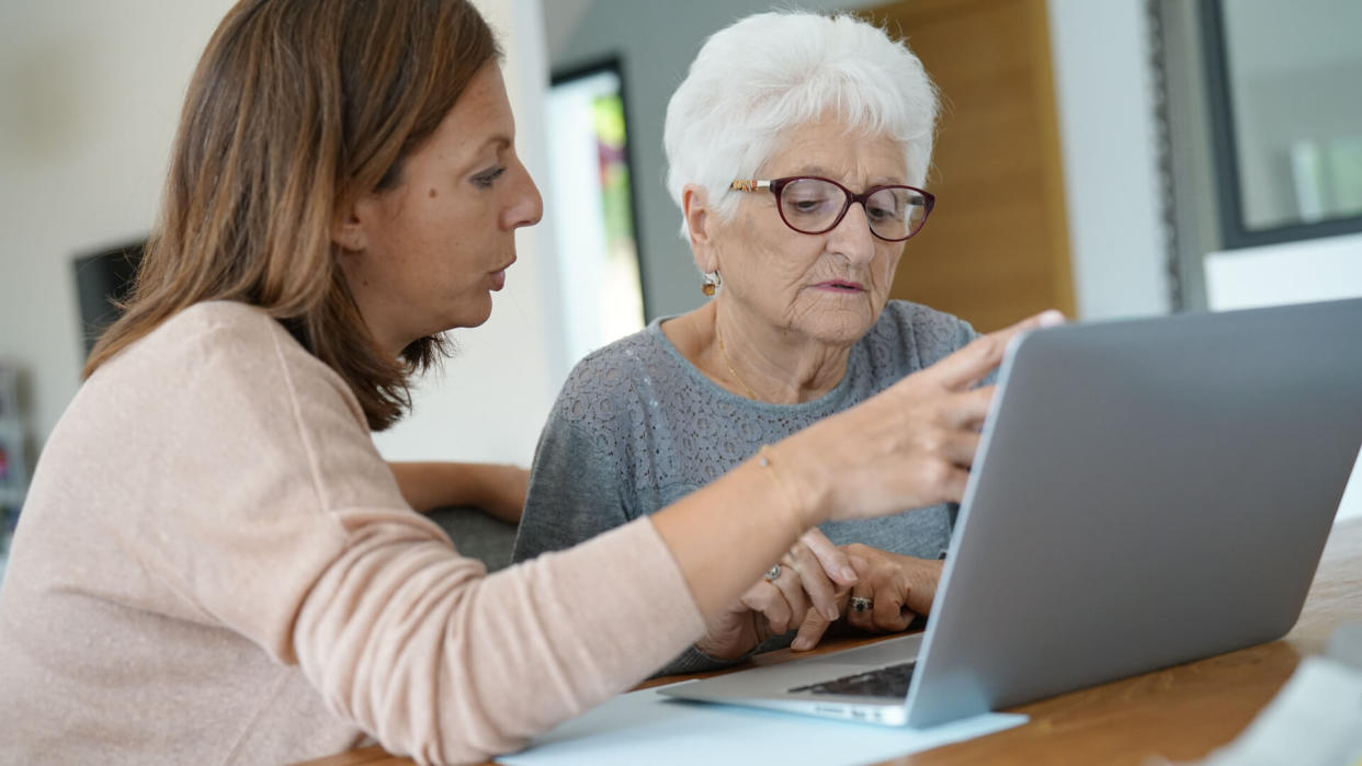 Computer, elderly, help, laptop, senior, woman