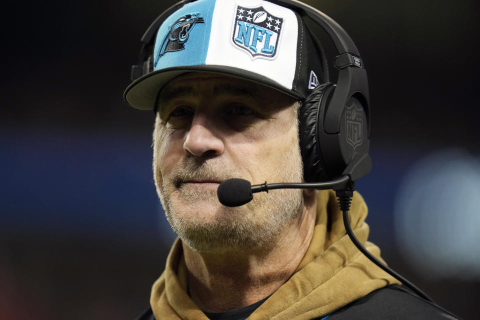 Chicago Bears head coach Frank Reich walks on the sideline during the first half of an NFL football game against the Chicago Bears Thursday, Nov. 9, 2023, in Chicago. (AP Photo/Erin Hooley)