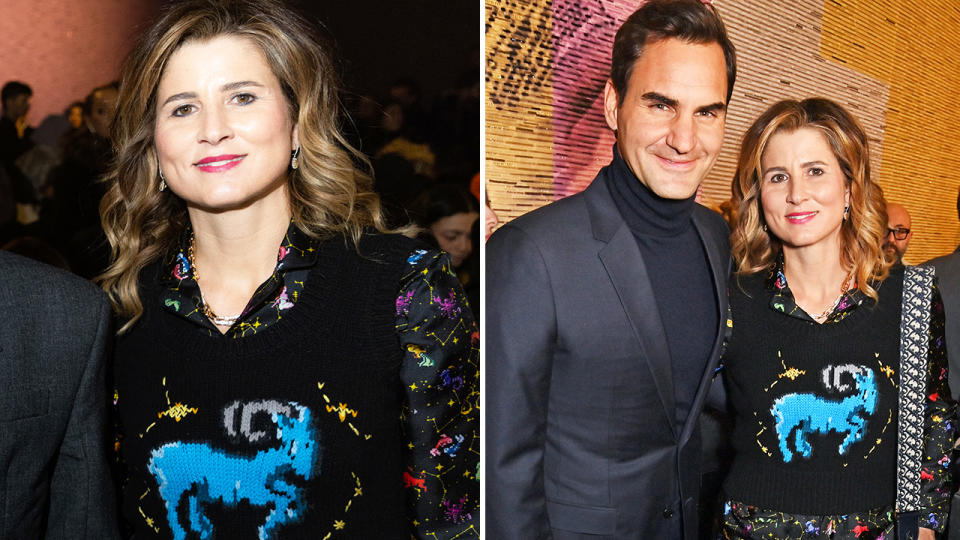Roger Federer's wife Mirka, pictured here wearing a 'GOAT' outfit at Paris Fashion Week. 