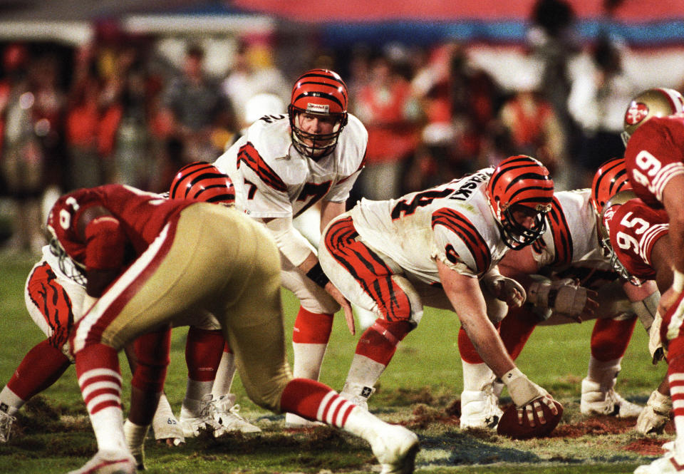 Cincinnati Bengals quarterback Boomer Esiason lined up against the San Francisco 49ers during Super Bowl 23 at Joe Robbie Stadium. The 49ers defeated the Bengals 20-16 in 1989.