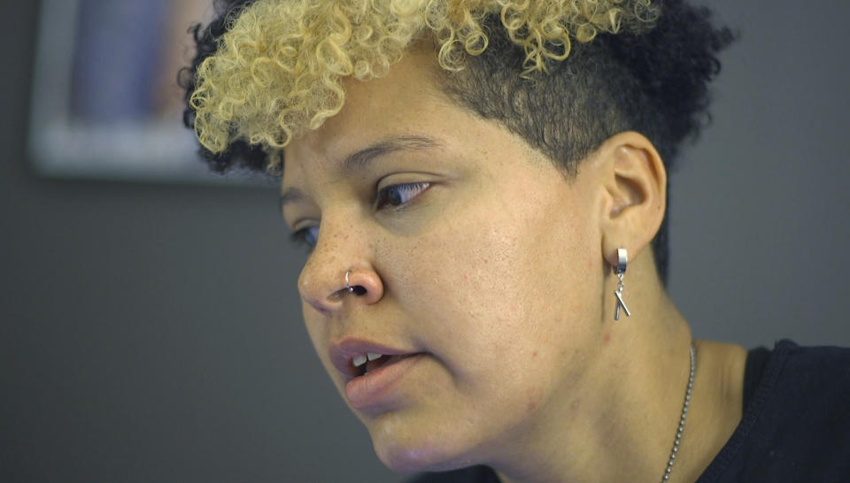 In this image taken from video, activist and rapper Genesis Be speaks with an Associated Press journalist on Thursday, Aug. 27, 2020, in Washington. A Mississippi native, Genesis Be had been vocal in demanding the Confederate emblem be removed from the state's flag, which was officially retired in June. (AP Photo/Federica Narancio)