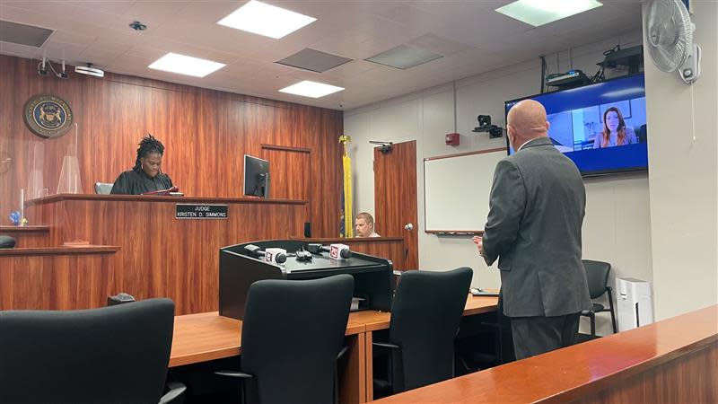 Lansing 54-A District Court Judge Kristen Simmons holds a hearing with Ingham County Public Defender Keith Watson, his client Rashad Trice and Assistant Prosecuting Attorney Aylysh Gallagher on July 13, 2023, in Lansing.