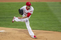 Philadelphia Phillies starting pitcher Matt Moore throws during the first inning of a baseball game against the New York Mets, Monday, April 5, 2021, in Philadelphia. (AP Photo/Laurence Kesterson)