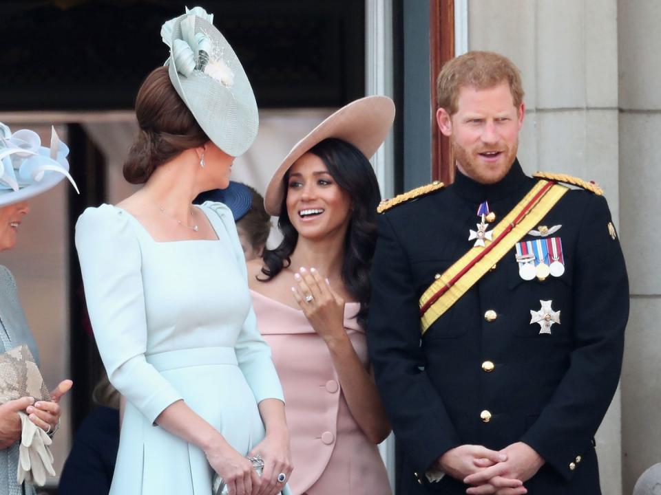 <p>Although <a rel="nofollow noopener" href="https://www.harpersbazaar.com/uk/celebrities/news/a21250006/meghan-markle-prince-harry-trooping-colour-parade-support-words-nervous/" target="_blank" data-ylk="slk:Meghan was said to be nervous;elm:context_link;itc:0;sec:content-canvas" class="link ">Meghan was said to be nervous</a>, she looked at ease when chatting to Kate.</p>