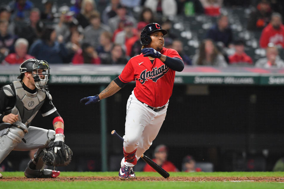 CLEVELAND, OHIO - SEPTEMBER 25: Jose Ramirez #11 of the Cleveland Indians hits an RBI single during the sixth inning against the Chicago White Sox at Progressive Field on September 25, 2021 in Cleveland, Ohio. (Photo by Jason Miller/Getty Images)