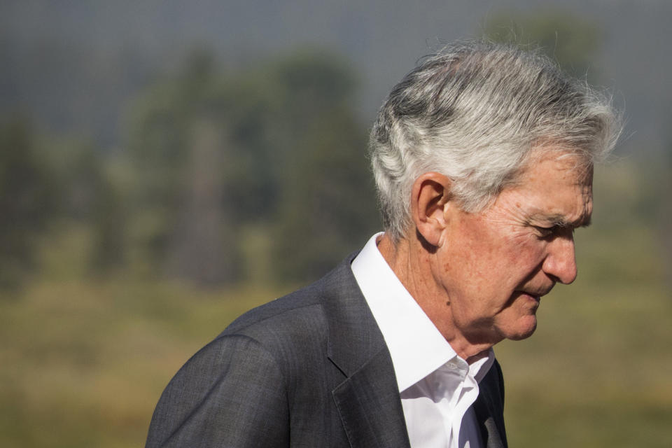 Federal Reserve Chairman Jerome Powell walks outside the Jackson Hole Economic Symposium at the Jackson Lake Lodge in Grand Teton National Park near Moran, Wyoming, Friday, Aug. 23, 2024. (AP Photo: Amber Baesler)