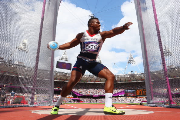 Lawrence Okoye of Great Britain competes in the Men's Discus Throw qualification 5on Day 10 of the London 2012 Olympic Games at the Olympic Stadium on August 6, 2012 in London, England. (Photo by Michael Steele/Getty Images)