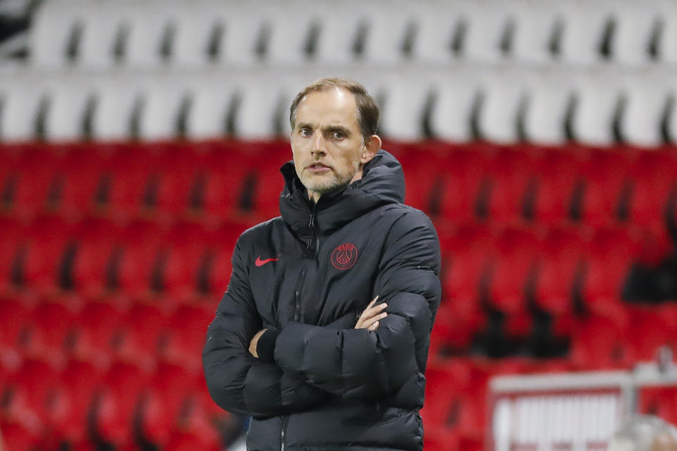 PARIS, FRANCE - OCTOBER 02: Thomas Tuchel Head Coach of Paris Saint-Germain looks on during the Ligue 1 match between Paris Saint-Germain and Angers SCO at Parc des Princes on October 2, 2020 in Paris, France. (Photo by Catherine Steenkeste/Getty Images)