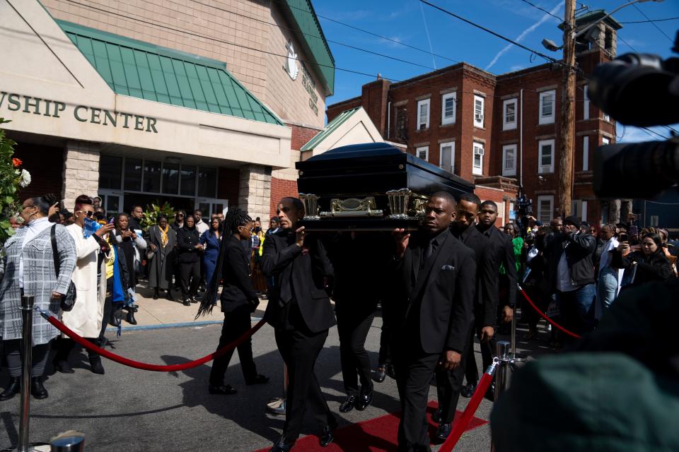 The casket of Najee Seabrooks is carried out of Christian Fellowship Center following his funeral in Paterson on Saturday, March 18, 2023. Seabrooks, a member of the violence intervention group the Paterson Healing Collective, was fatally shot by Paterson police after a standoff while he was barricaded inside an apartment.