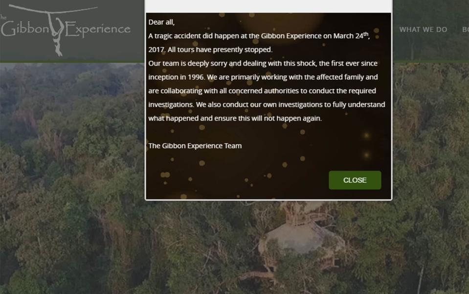 The notice of closure on the Gibbon Experience website