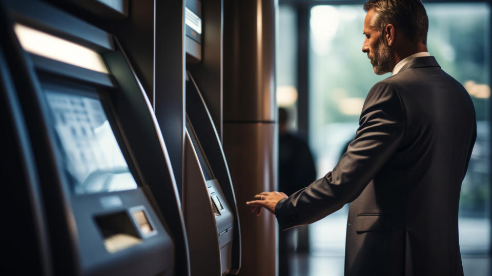 A customer smiling while using an automated teller machine.