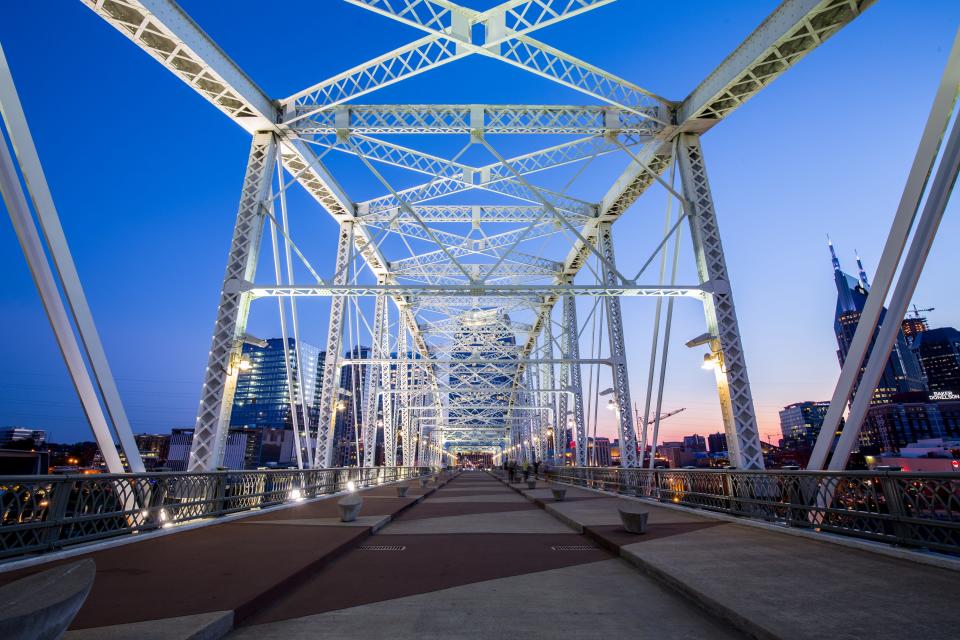 The pedestrian bridge in Nashville; a mural in Nashville.