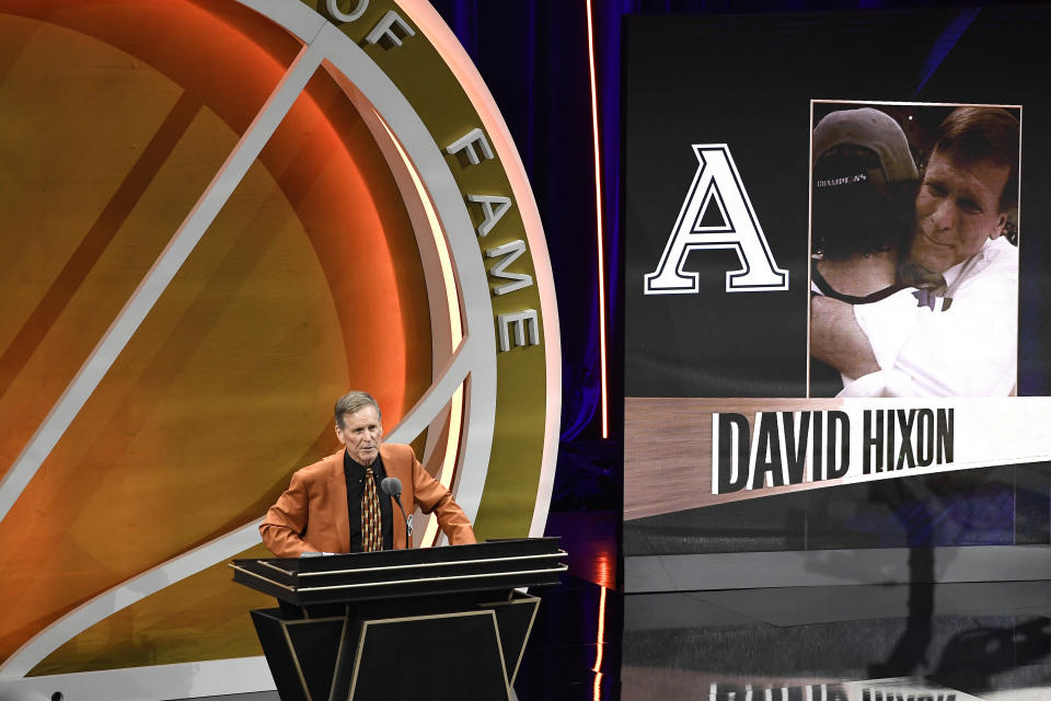David Hixon speaks during his enshrinement at the Basketball Hall of Fame, Saturday, Aug. 12, 2023, in Springfield, Mass. (AP Photo/Jessica Hill)
