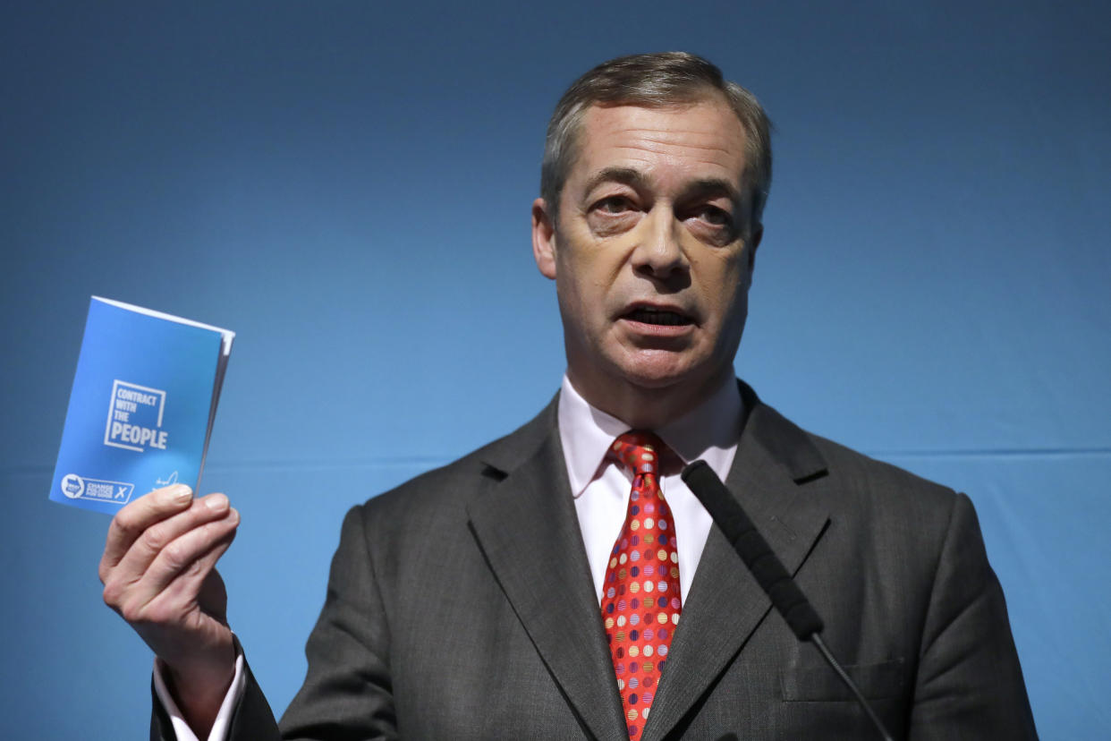 Nigel Farage's, leader of Britain's Brexit Party, holds his "Contract with the People", prior to his speech at the launch of the party's policies for the General Election campaign, in London, Friday, Nov. 22, 2019. Britain goes to the polls on Dec. 12. (AP Photo/Kirsty Wigglesworth)