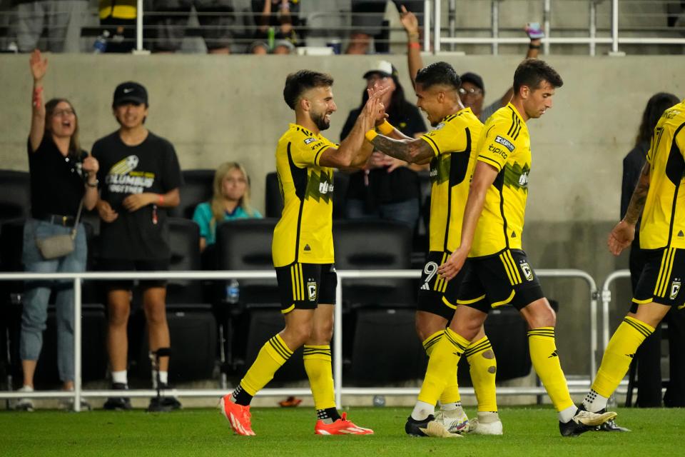 Aug 13, 2024; Columbus, Ohio, USA; Columbus Crew forward Cucho Hernandez (9) celebrates a goal by forward Diego Rossi (10) during the second half of the Leagues Cup round of 16 game against Inter Miami CF at Lower.com Field. The Crew won 3-2.