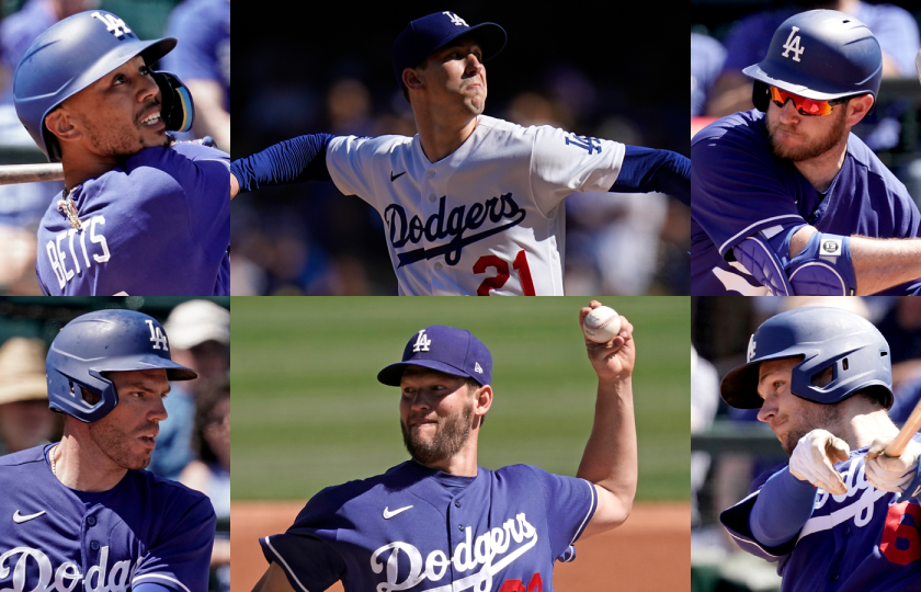 Collage of Mookie Betts, Walker Buehler, Max Muncy, Trea Turner, Clayton Kershaw and Freddie Freeman.