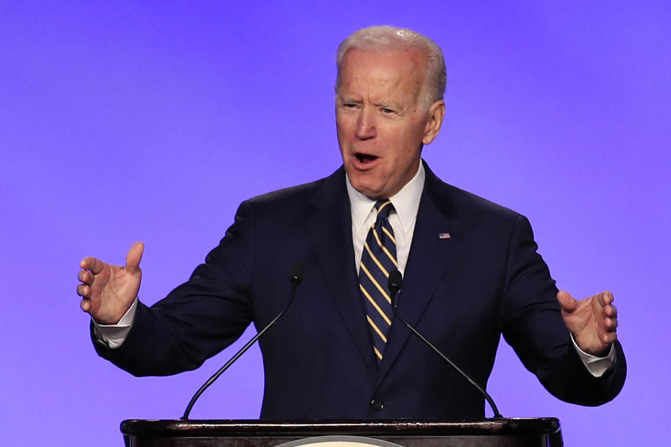 Former Vice President Joe Biden speaks at the IBEW Construction and Maintenance conference in Washington, D.C., on Friday. (AP Photo/Manuel Balce Ceneta)