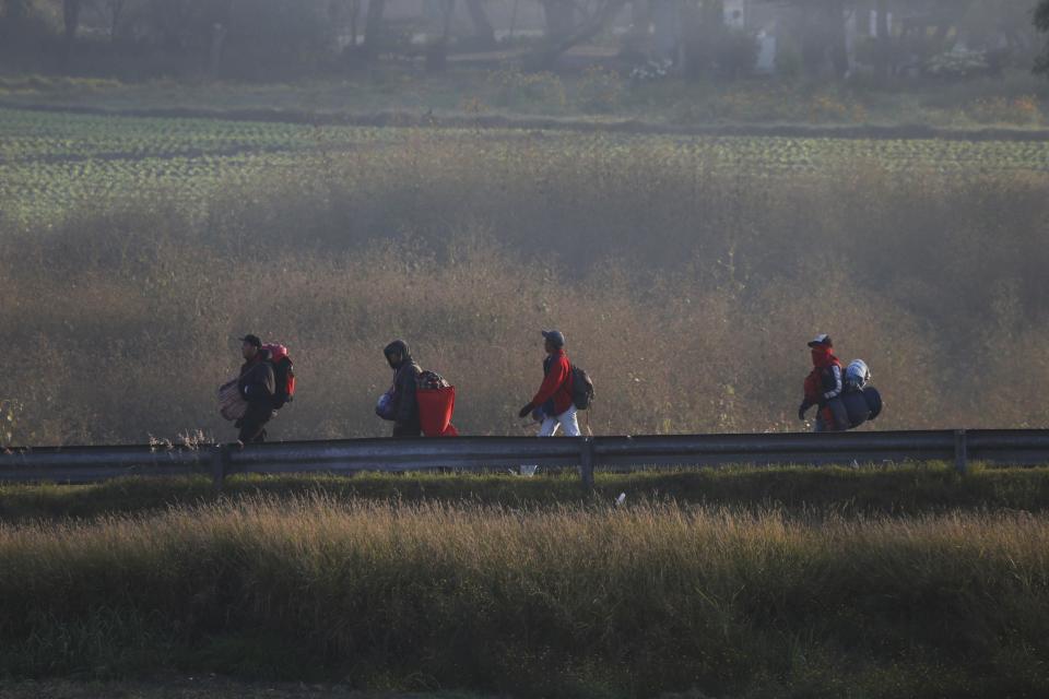 Los migrantes centroamericanos, que forman parte de la caravana que espera llegar a la frontera con Estados Unidos, caminan por una carretera en Irapuato, México, el lunes 12 de noviembre de 2018. (AP Foto / Marco Ugarte)