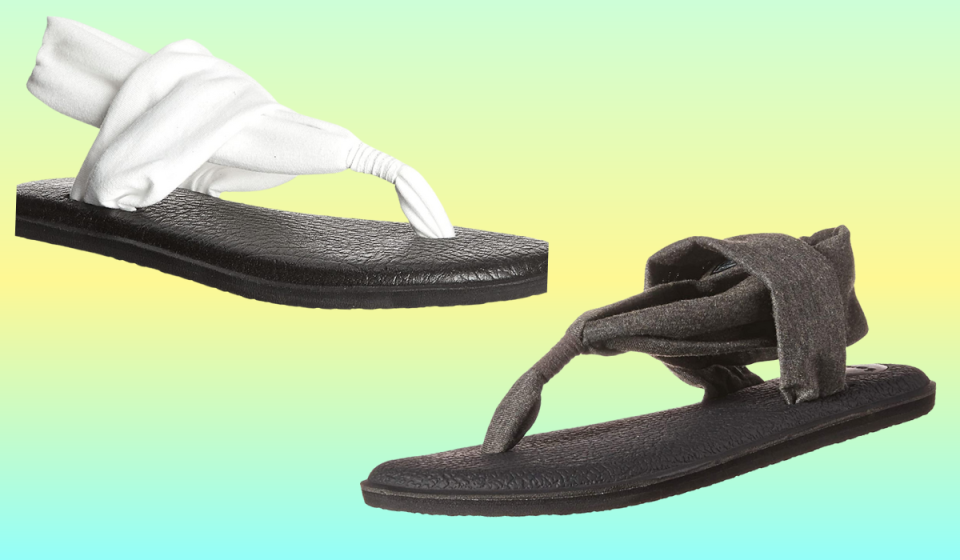 two of the sanuk sandals in different colors