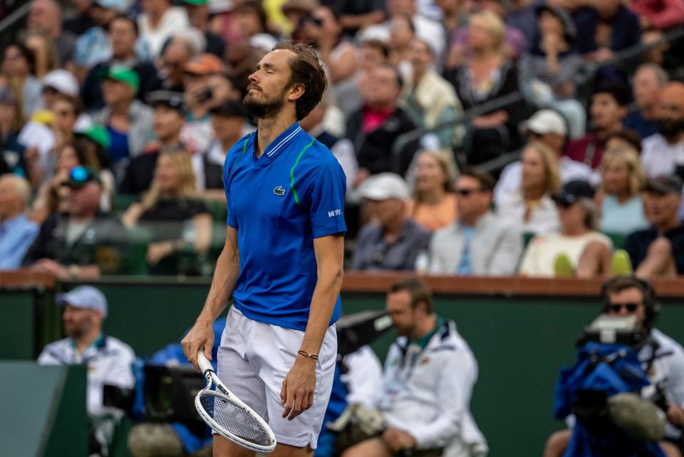 Daniil Medvedev of Russia reacts to a point lost to Carlos Alcaraz of Spain during the men's singles final at the BNP Paribas Open of the Indian Wells Tennis Garden in Indian Wells, Calif., Sunday, March 19, 2023. 