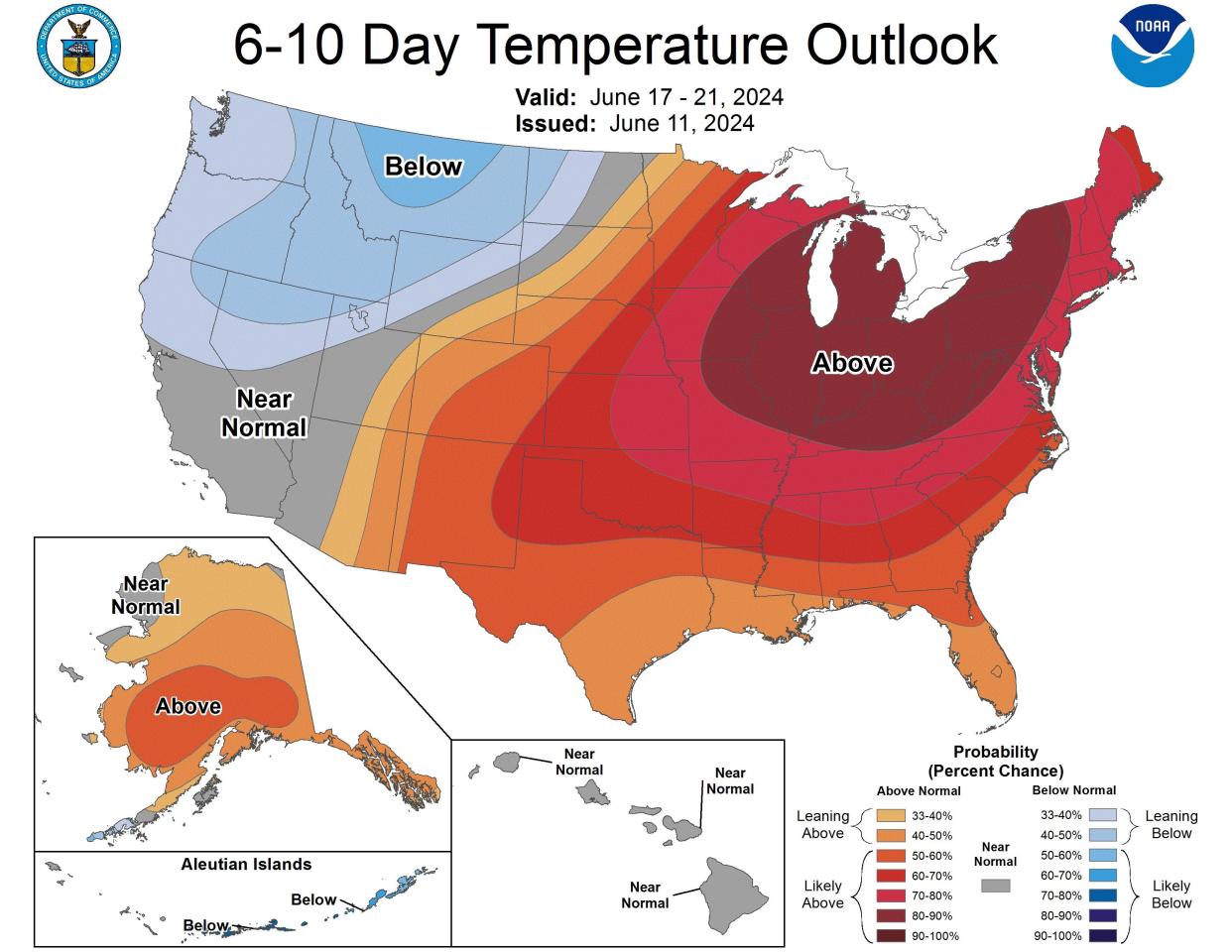 The central and eastern U.S. are both forecast to see above-average temperatures next week. The darkest red area shows where hot temperatures are most likely.