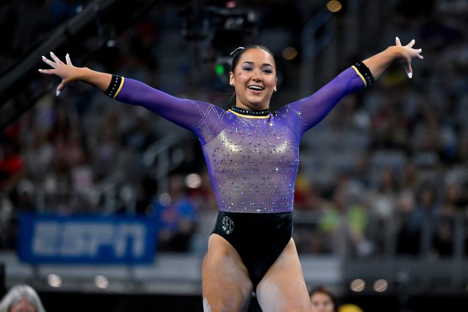 Apr 15, 2023; Fort Worth, TX, USA; LSU Tigers gymnast Aleah Finnegan performs on floor routine during the NCAA Women's National Gymnastics Tournament Championship at Dickies Arena. Mandatory Credit: Jerome Miron-USA TODAY Sports