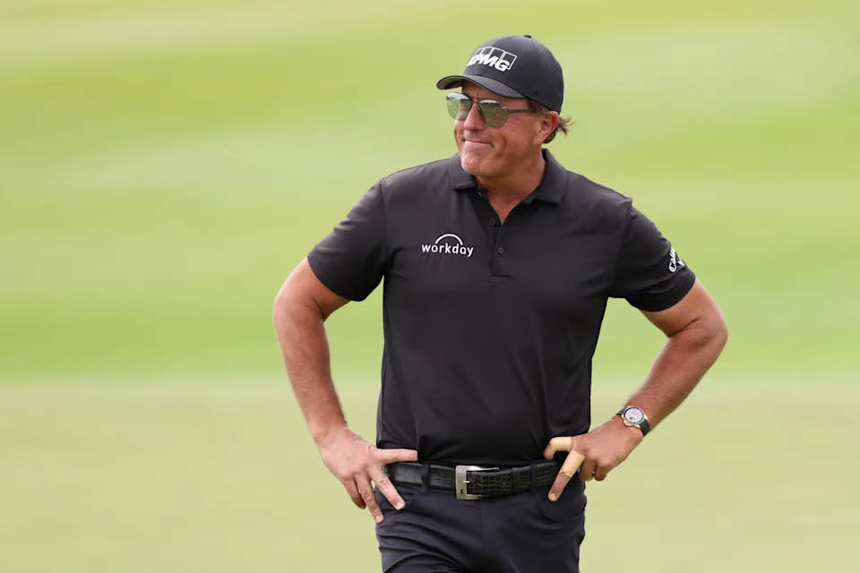 Seen here, Phil Mickelson reacts on the 9th hole during day two of the PIF Saudi International at Royal Greens Golf & Country Club. 