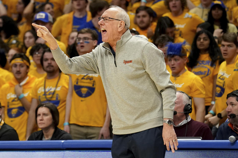 Syracuse head coach Jim Boeheim calls out to his team as they take on Pittsburgh during the first half of an NCCA college basketball game in Pittsburgh, Saturday, Feb. 25, 2023. (AP Photo/Matt Freed)