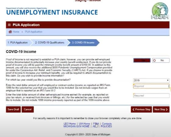 Michigan's Unemployment Insurance Agency asked for the "total dollar amount of self-employed or contract worker income," not net pay, according to a screenshot of an instructional video posted by the agency to YouTube on April 13, 2020.